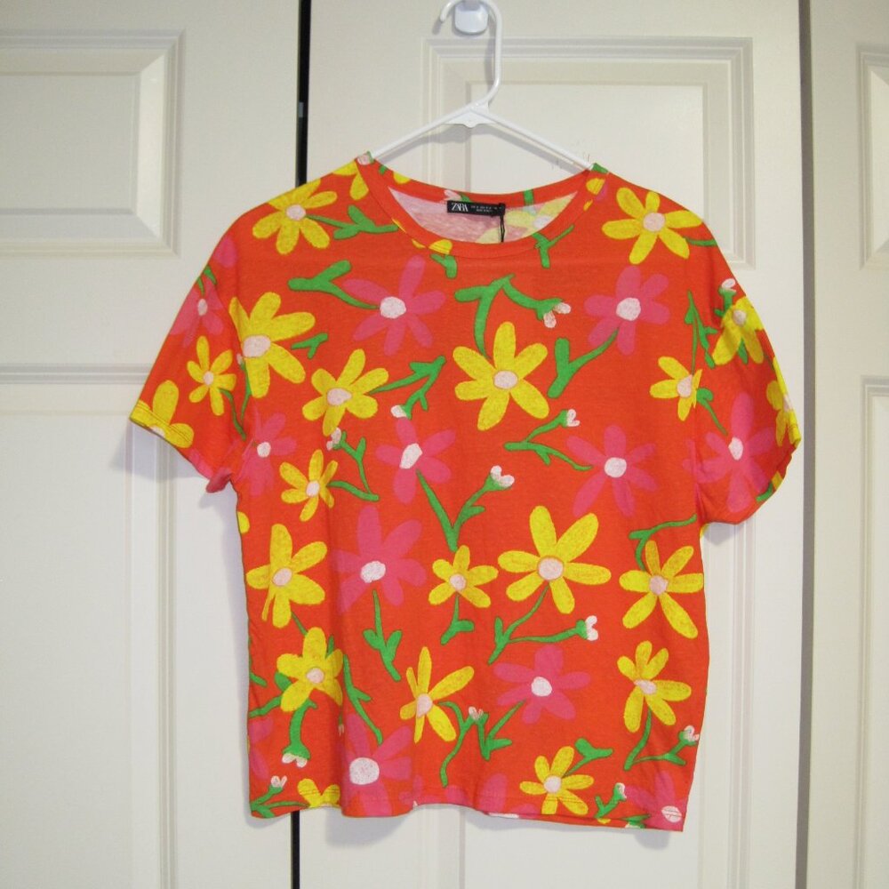 NWT Zara Vibrant Orange Tee with Yellow and Pink Floral Design